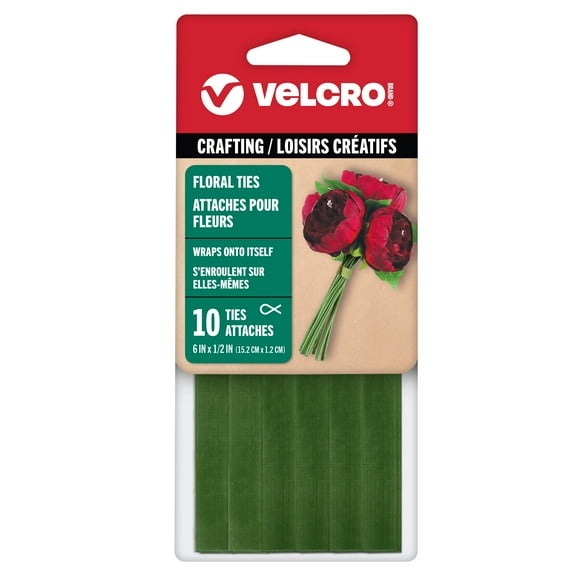VELCRO Brand Crafting Floral Ties for Crafts, Bouquets, Project, Décor, Reusable and Adjustable,  6" x 1/2" Green, Pack of 10