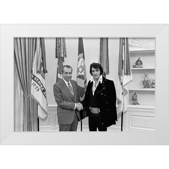 Atkins, Ollie 32x23 White Modern Wood Framed Museum Art Print Titled - Elvis Presley meeting Richard Nixon