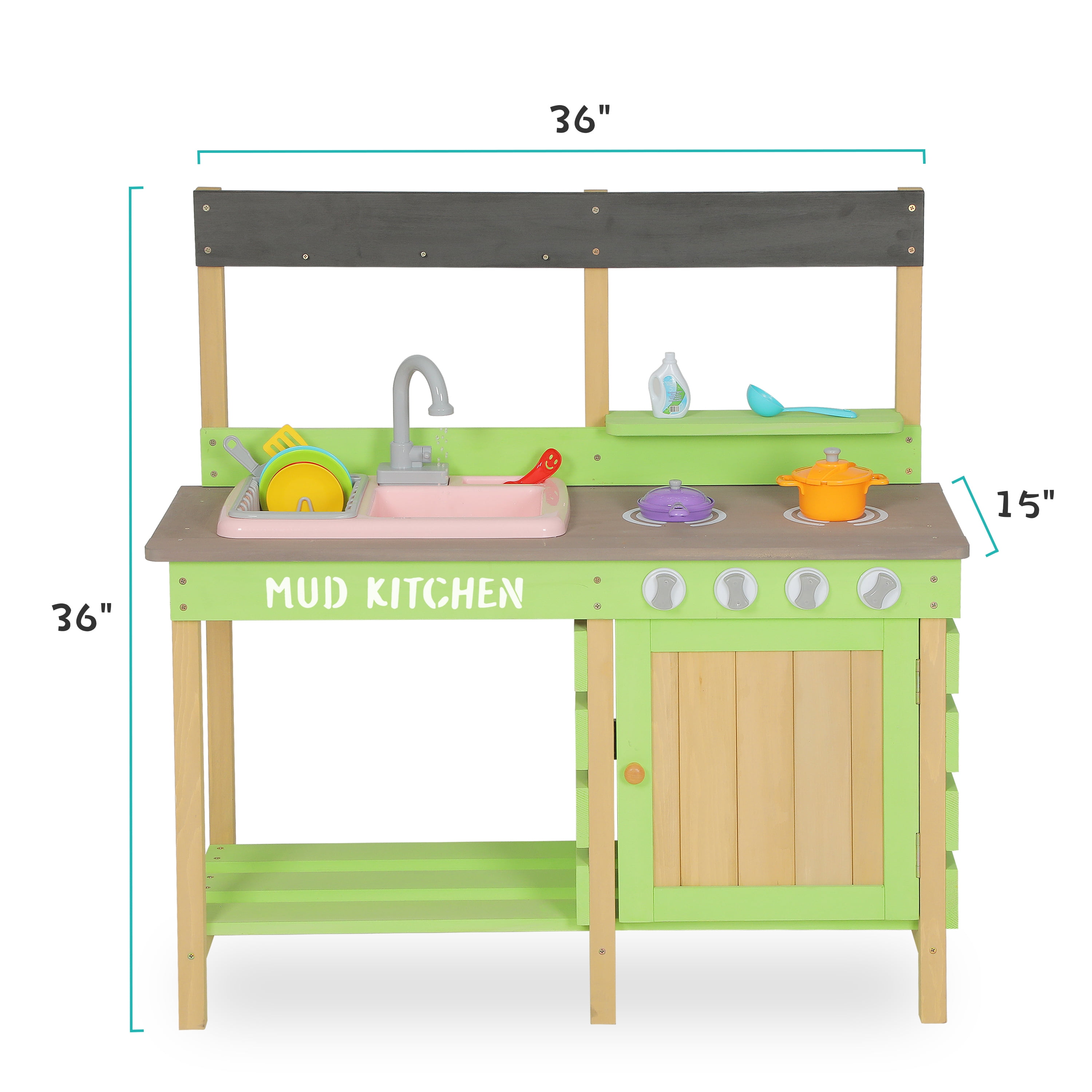 Wooden Kids Play Kitchen, Outdoor Mud Kitchen with Water Play Set and Cooking Toys, Storage Cabinet & Drawer, Pretend Role Play Gift for Boys Girls Ages 3-8