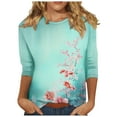 thumbnail image 2 of Cavosen 3/4 Length Sleeve Shirts for Women Floral Graphic Print Blouse Crewneck Casual Dressy Tops Stylish Pullover Hawaiian Tees Summer Going out Tshirts Outdoor Green S, 2 of 5