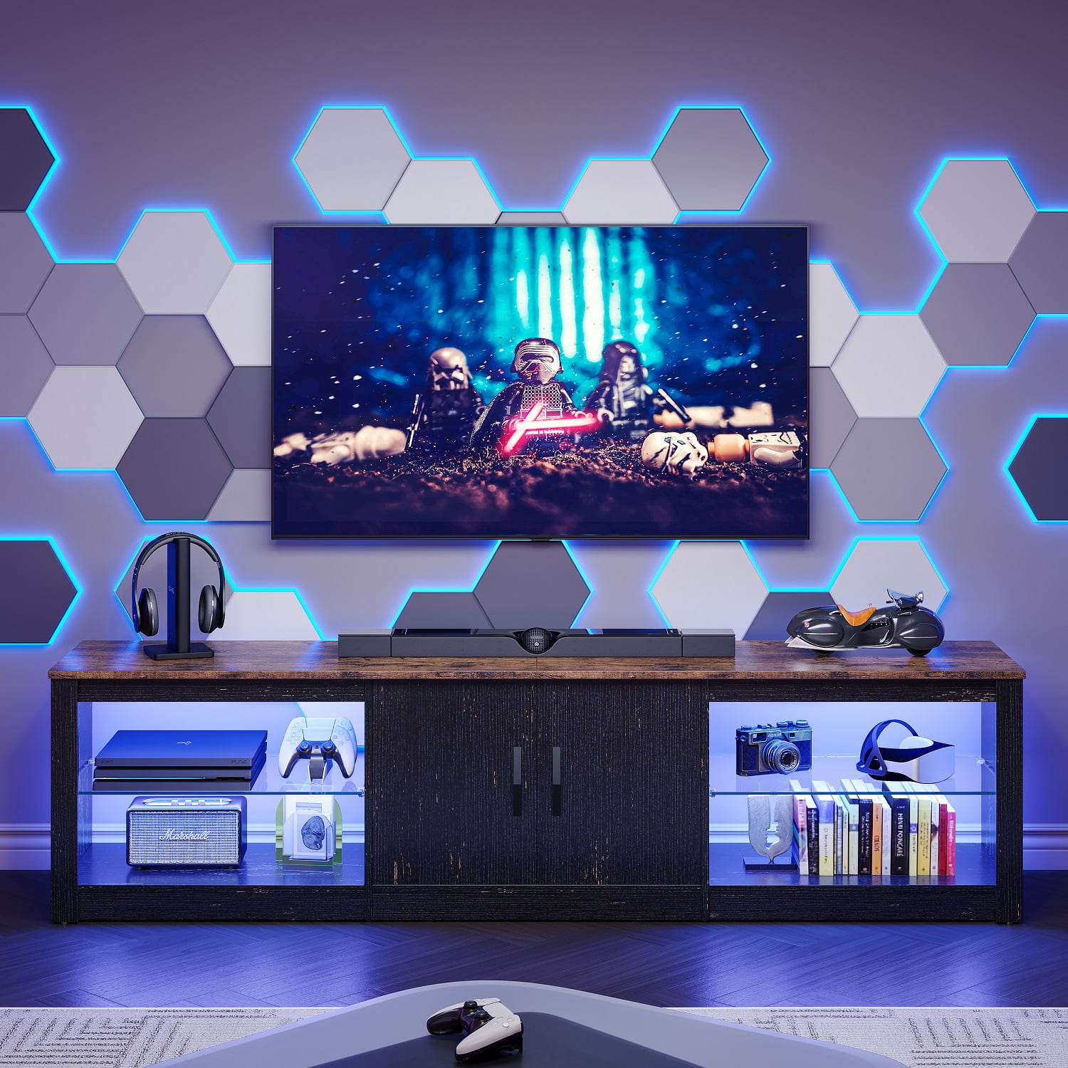 Bestier TV Stand for TVs up to 75" with Storage Cabinet, Entertainment Center for TVs with LED Light for Living Room, Black Gold