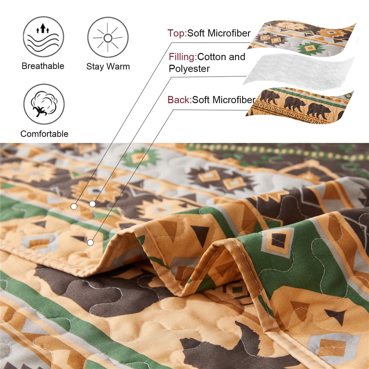Beartech Quilt Set Queen Size Rustic Forest Bear Pattern Quilt Lightweight Reversible Microfiber Bedspread Coverlet Bedding Set