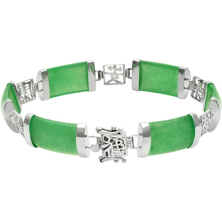 18mm x 9mm Dyed Green Jadeite Sterling Silver Scripted Link Bracelet, 7.5