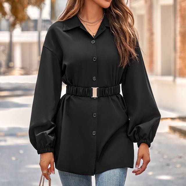 Camisa Chaqueta con botones para mujer, cómoda blusa, abrigos elegantes con cinturón, chaqueta tipo túnica Ygjytge Negro T S para Mujer