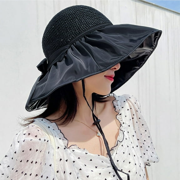 Washranp Women Sun Hat Large Bowknot Braided Breathable Wide Brim Pleated UV Fisherman Cap for Summer Outdoor