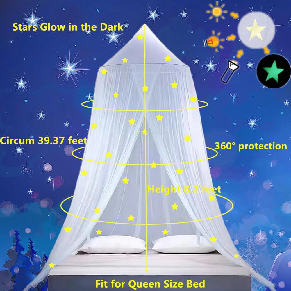 Girls Bed Canopy Mosquito Net Princess Canopy for Bedroom Decor Insect Protection Hanging Canopy Pink Glow in the Dark Stars