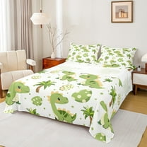 Manfei Cute Green Dinosaur Twin Sheet Sets, Cartoon Coconut Tree Twin Fitted Sheet, Kawaii Easter Egg Flat Sheet, Breathable Home Decor, 3pcs