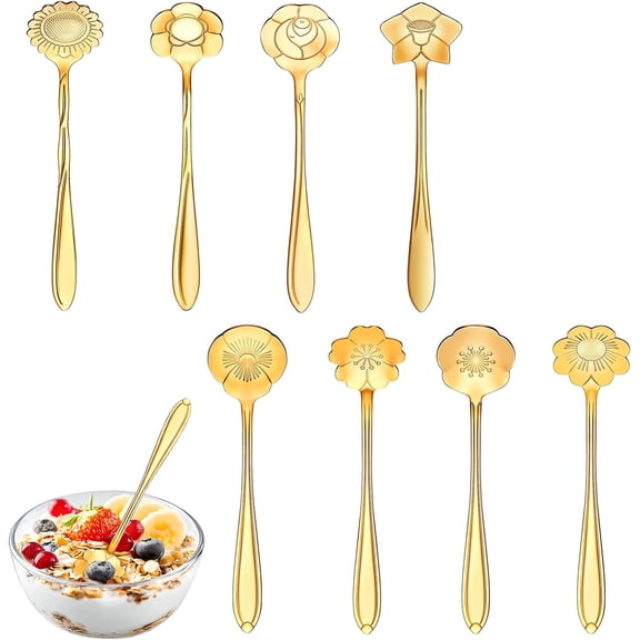 8 Pcs Gold Flower Coffee Tea Stirring Spoons Set,Stainless Steel Tea Spoons & Coffee Spoons with Elegant Floral Design,Reusable Mini Spoons for Tea Party,Coffee Bar,Dessert & Home Decorations