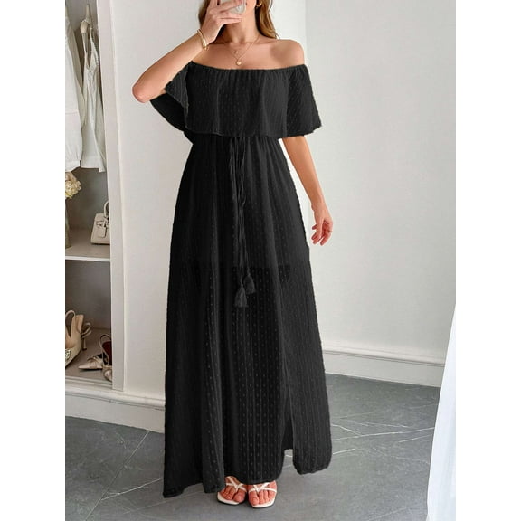 Off-Shoulder Maxi Dress with Textured Detailing (S, Black)