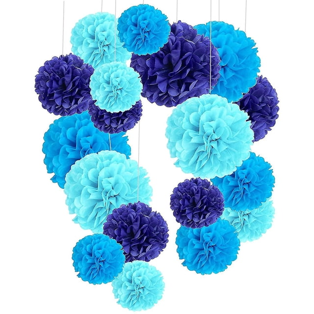 Paquete de 18 flores de pompones azules, kit de papel decorativo para fiesta