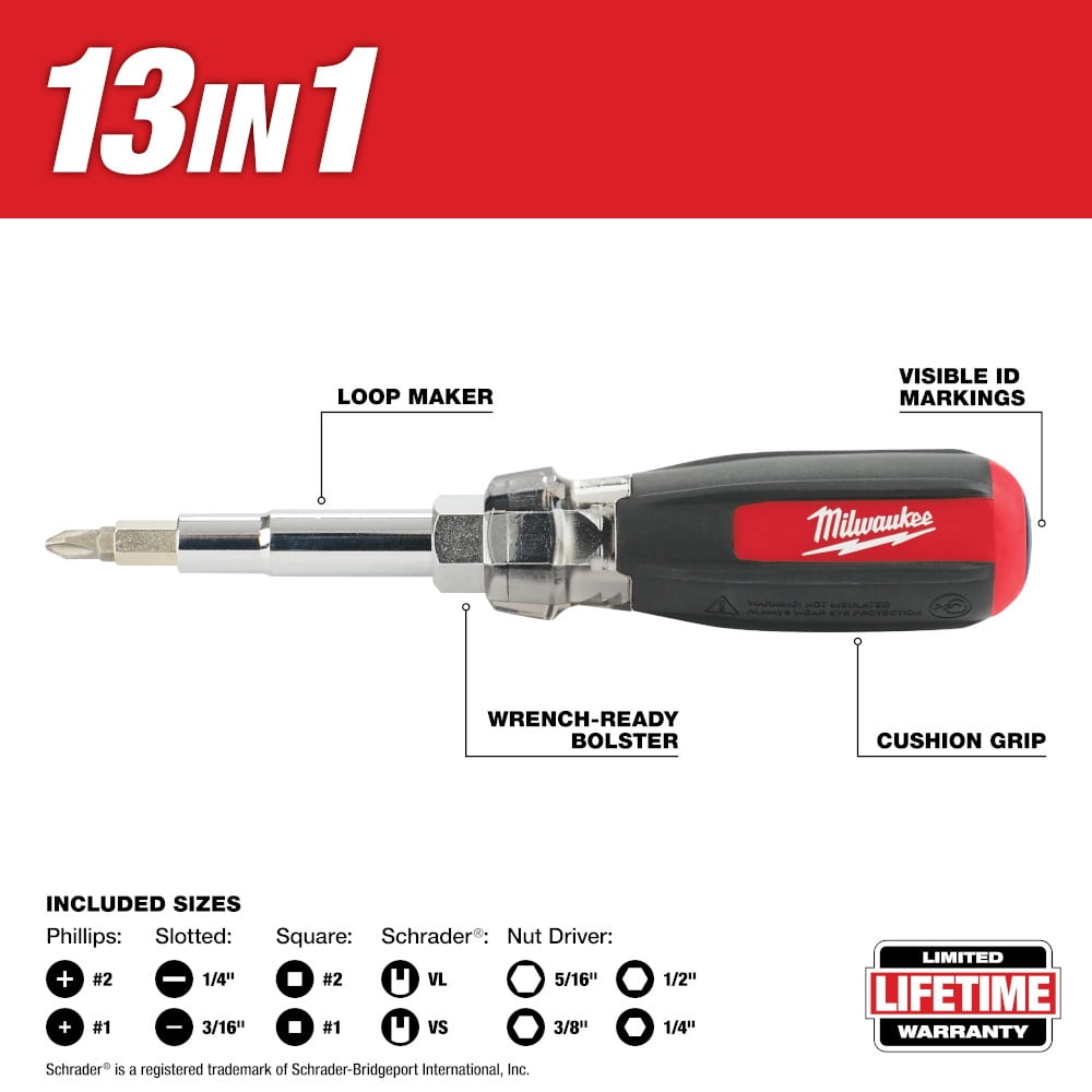 Milwaukee Tool 13in1 Cushion Grip Screwdriver with Schrader Bit