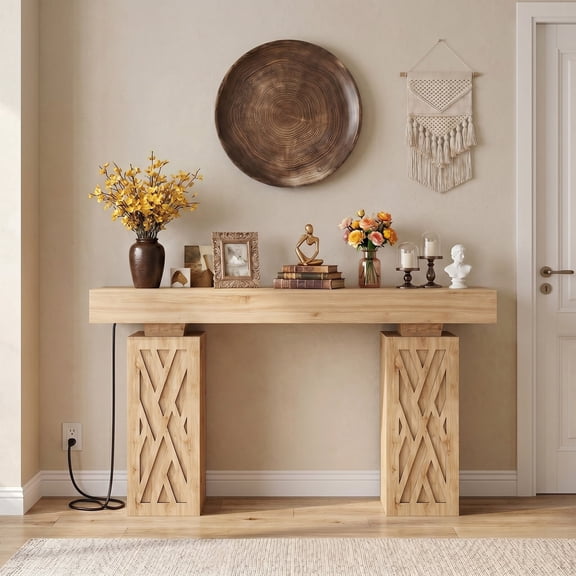Homieasy 47'' Farmhouse Console Table with Charging Station & LED Lights, Narrow Entryway Table for Entryway, Living Room, Nature Oak