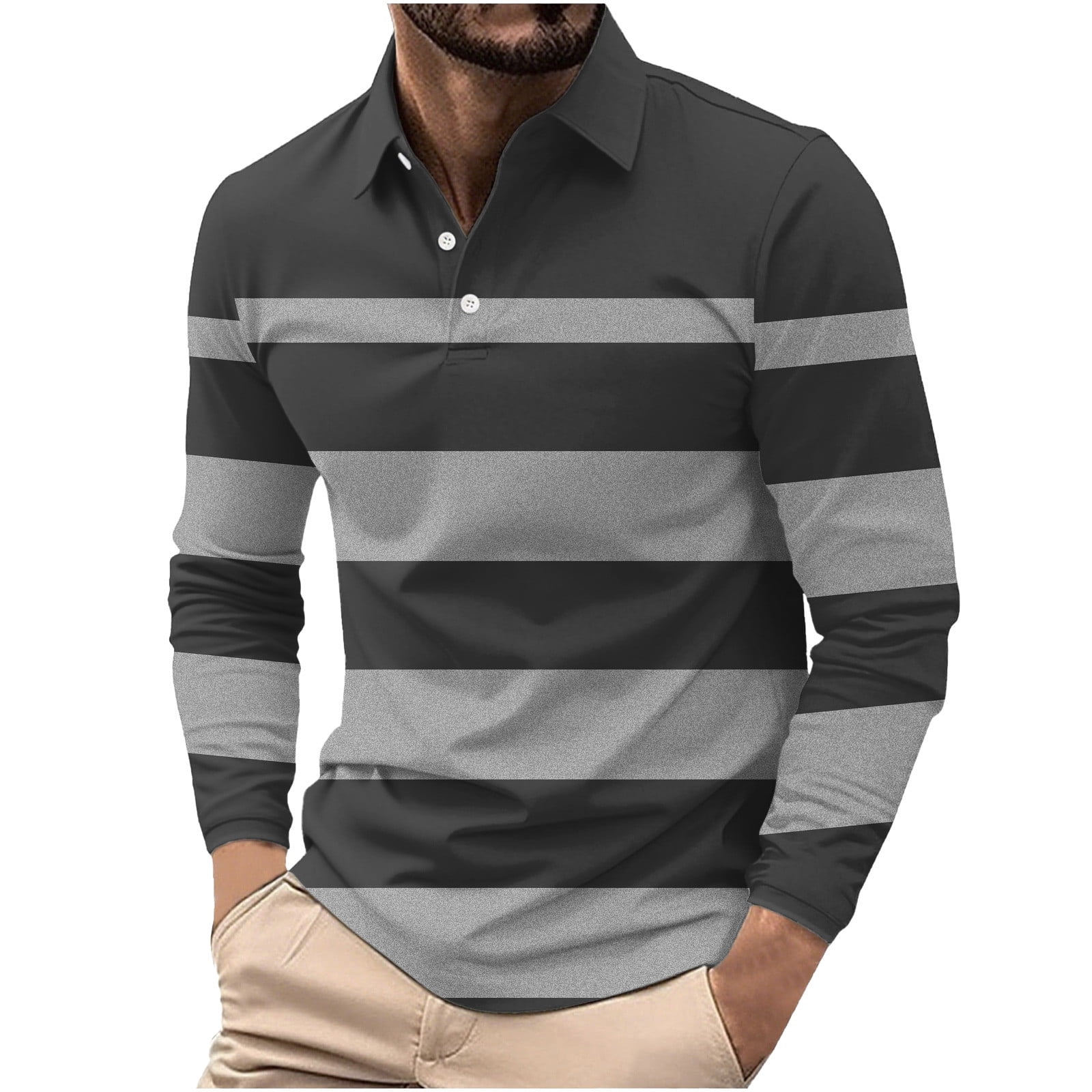 Men s Color Block Stripes Polo Shirts Casual Long Sleeve Button Down T-Shirts Golf Polo Shirt Top