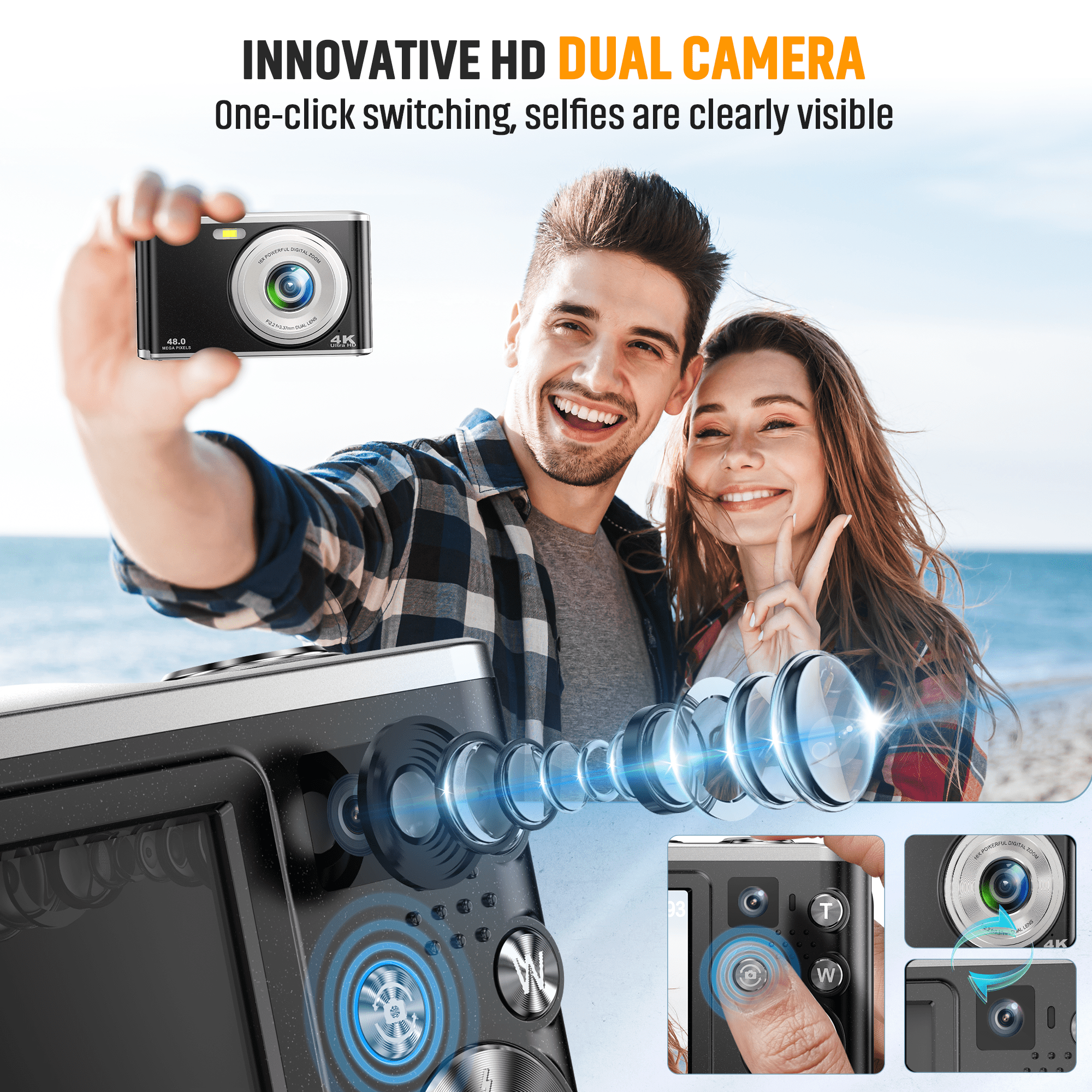 Retro Digital Camera 4K, with Dual Camera Date Stamp Autofocus 32GB TF Card 48MP Filter Effects, Portable Travel Vlogging Camera, Black