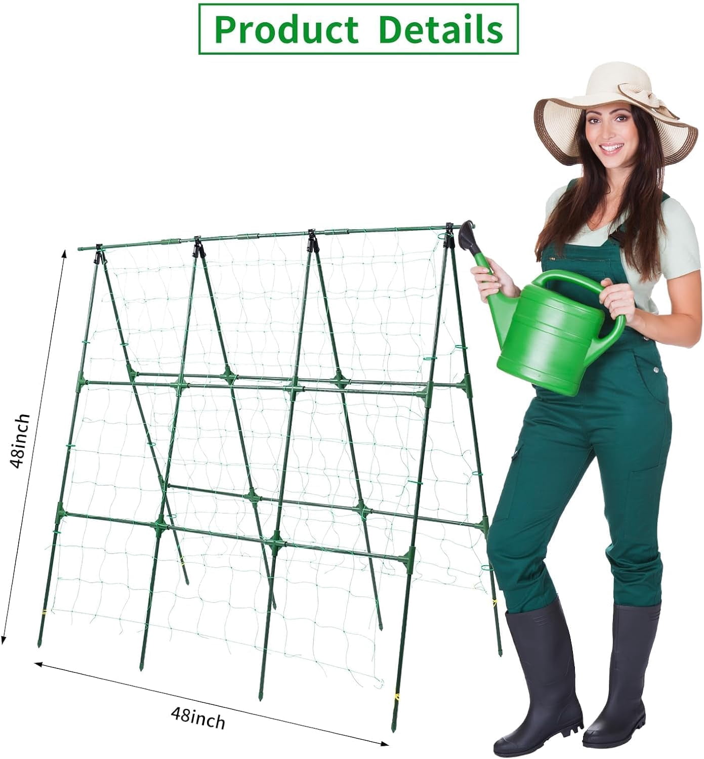 Garden Trellis for Climbing Plants Outdoor, Cucumber Trellis for Raised Bed Garden, A Frame Vine Plants Support for Vegetable Tomatoes Peas Pole Beans Trellis, 50x48 inch, with Netting, Green