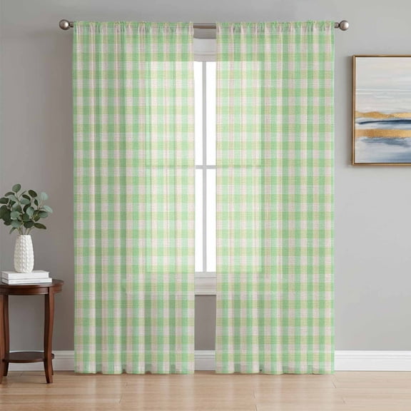 Sage Green Semi Sheer Curtains 63 Inch Length 2 Panels Set, Grid Checkered Plaid Gingham Lattice Trellis Sheer Kitchen Curtain Privacy Voile Window Curtain for Living Room Bedroom Rod Pocket Drapes
