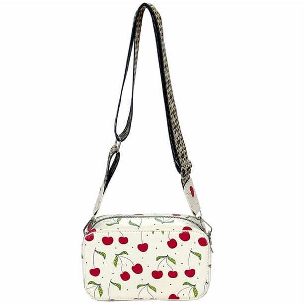 Bolso Bandolera Con Cerezas Piel Sintética para Mujer Elegante Cámara() Color Blanco