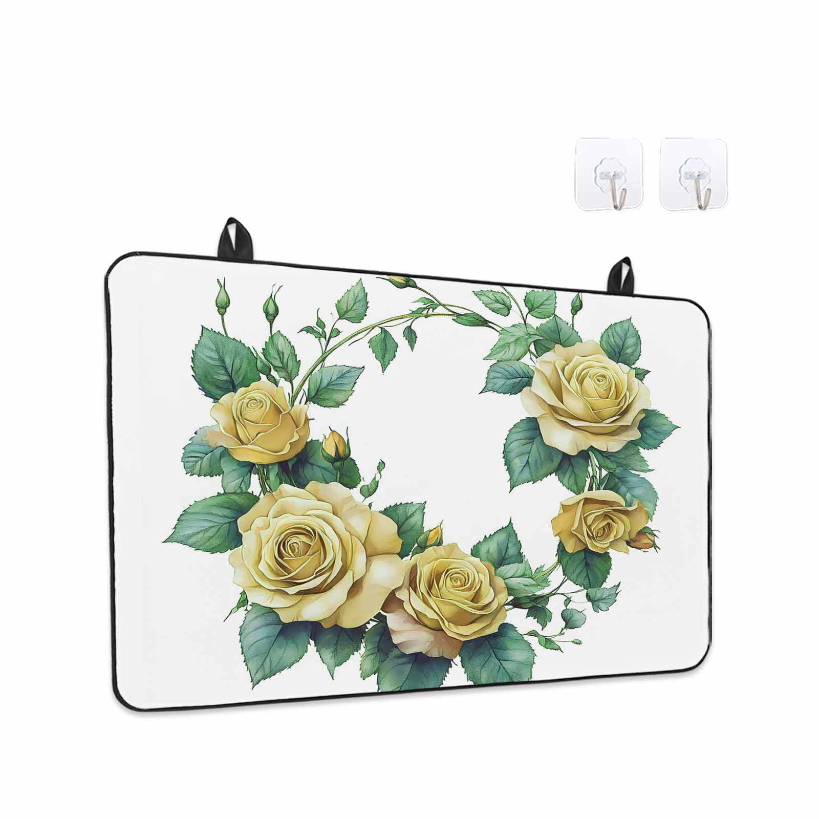 Yellow Rose Stove Top Cover for Electric Stove, Heat-proof & Non Slip Glass Top Stove Cover Protector, Flower Floral Spring Watercolor Green Leaf Kitchen Flat Cooktop Rubber Mat 24x21 Inches