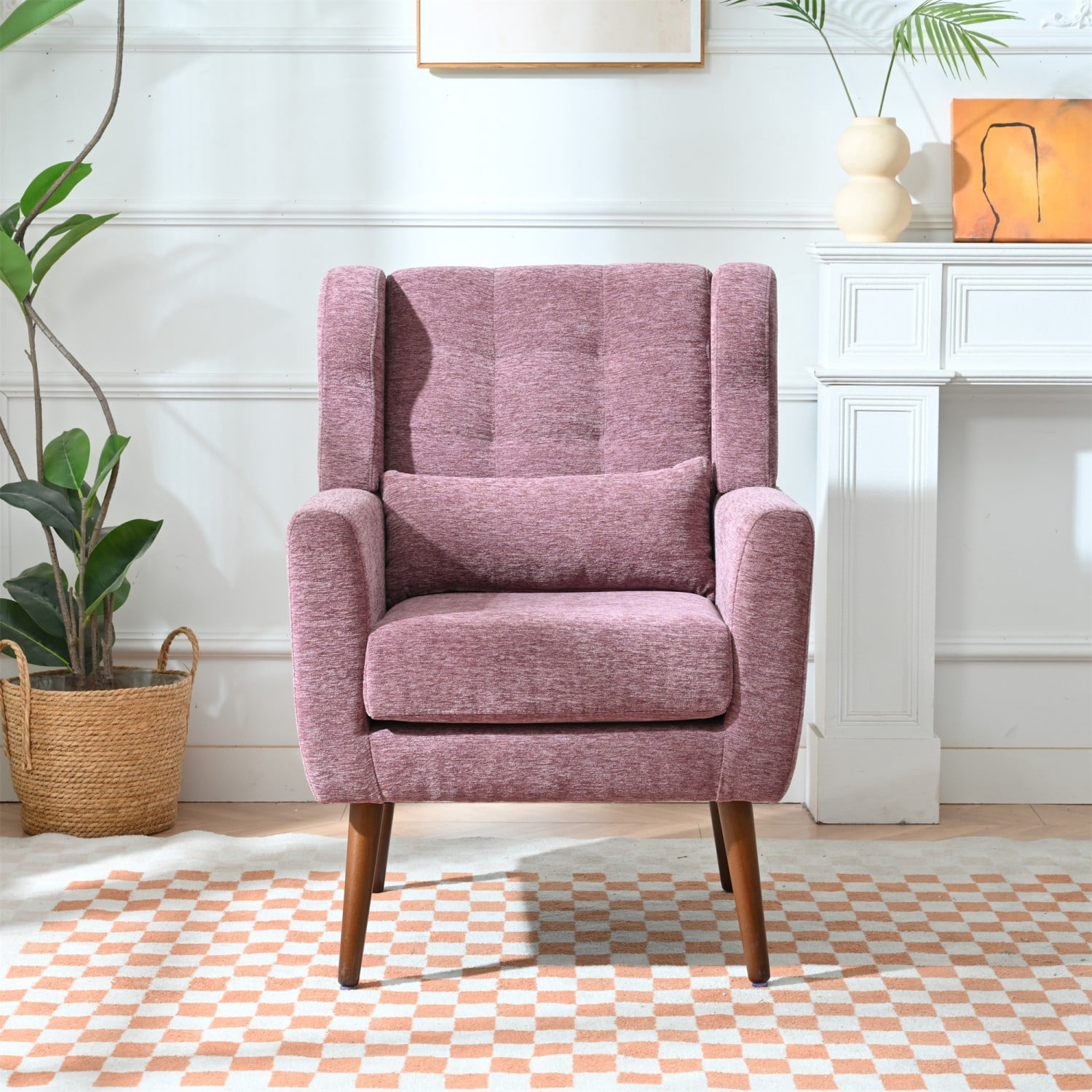 Modern Chenille Accent Chair with Pillow, Upholstered Armchair with Solid Wood Legs, Ergonomic Lounge Chair for Living Room, Bedroom, Reading Room, Small Space, Dark Purple