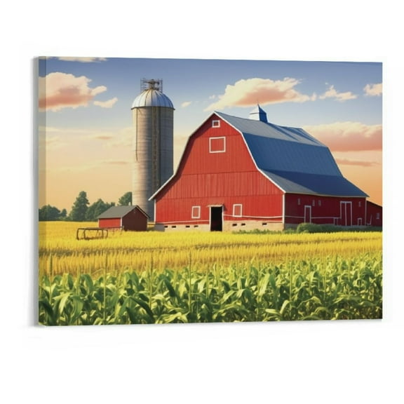 JRXY Farm Canvas Wall Art Decor: Large Framed Farmhouse Scenic Prints Rustic Barn Landscape Sunrise Painting for Living Room Bedroom Wall Decoration 20x16 Inch 20x16in