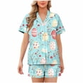 thumbnail image 3 of Feancey Short Sleeve Pajama Set for Women Easter Eggs Printed Lounge 2 Piece Sets Comfy Casual Button Down Sleepwear with Shorts Pjs Two Piece Light Blue S, 3 of 6