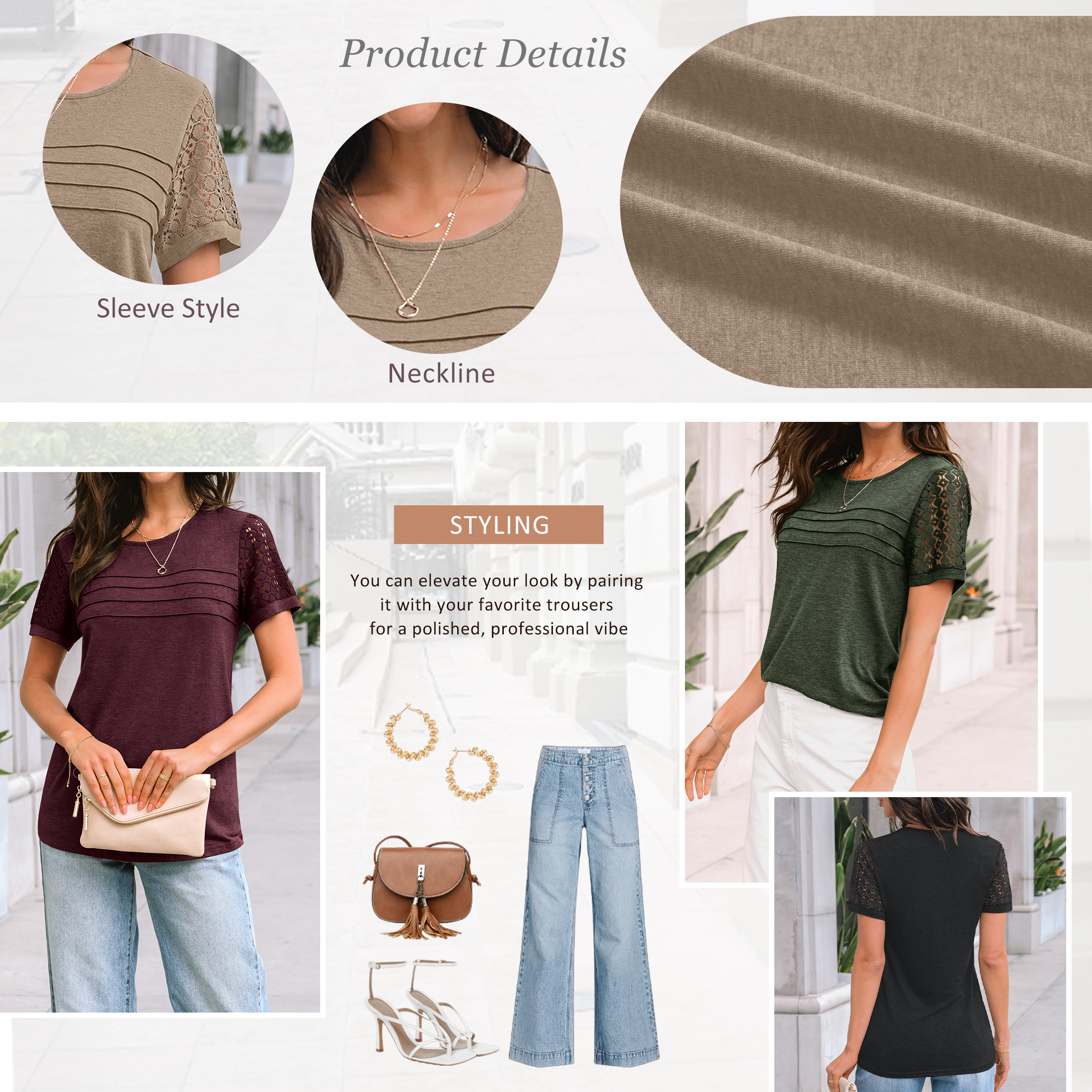 SUNBS Women's Lace Crew Neck Short Sleeve Top, Beige photo 2