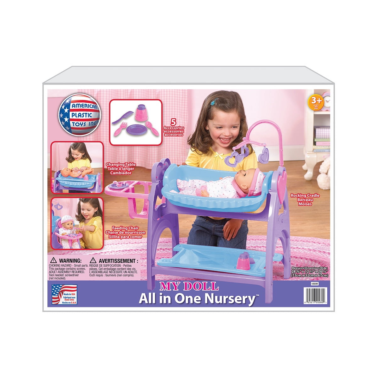 American Plastic Toys My Doll All in One Nursery Set with 5 Accessories, Doll Cradle, Doll Changing Table and Doll High Chair for Kids