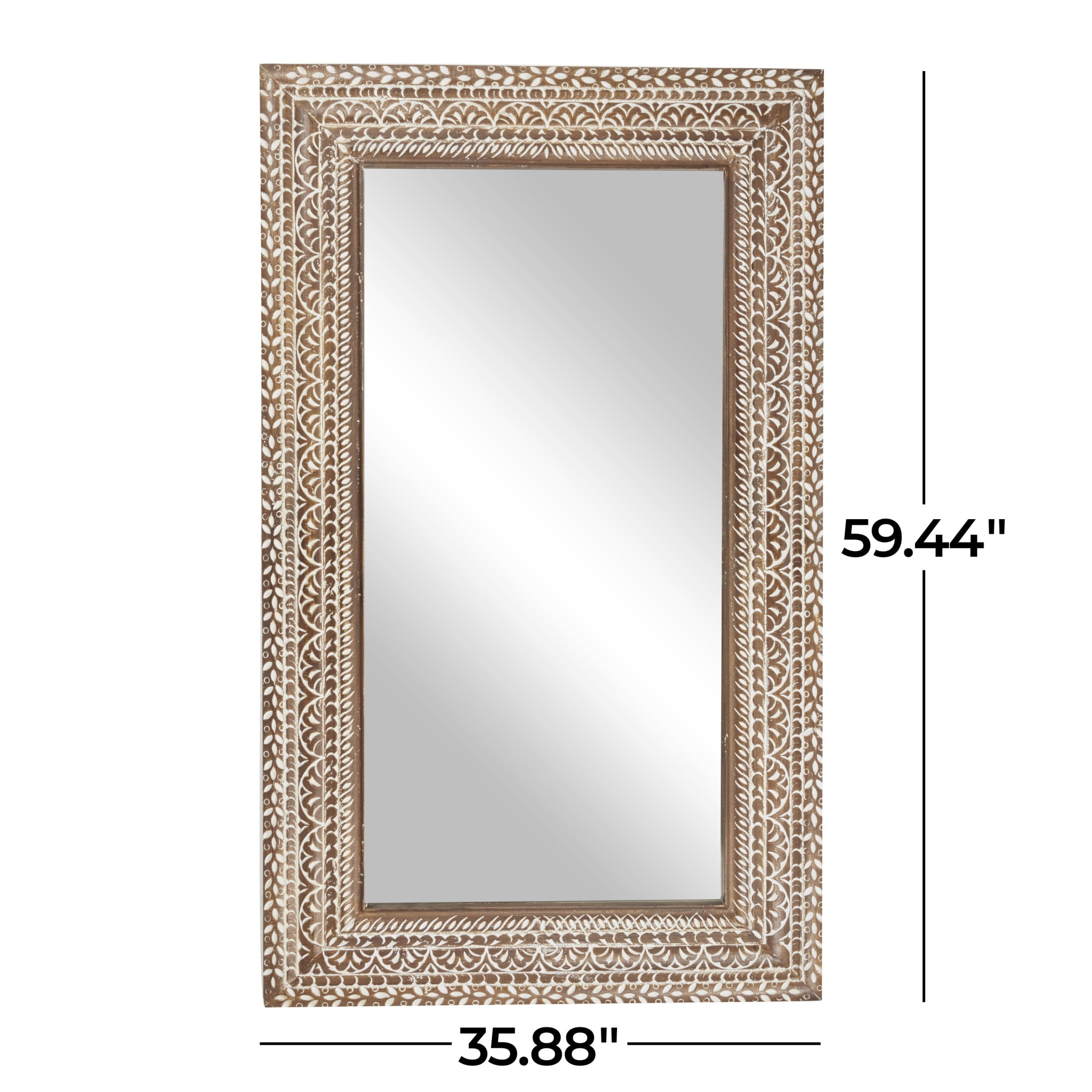 DecMode 36" x 59" Brown Floral Wall Mirror with Detailed Cream Carvings