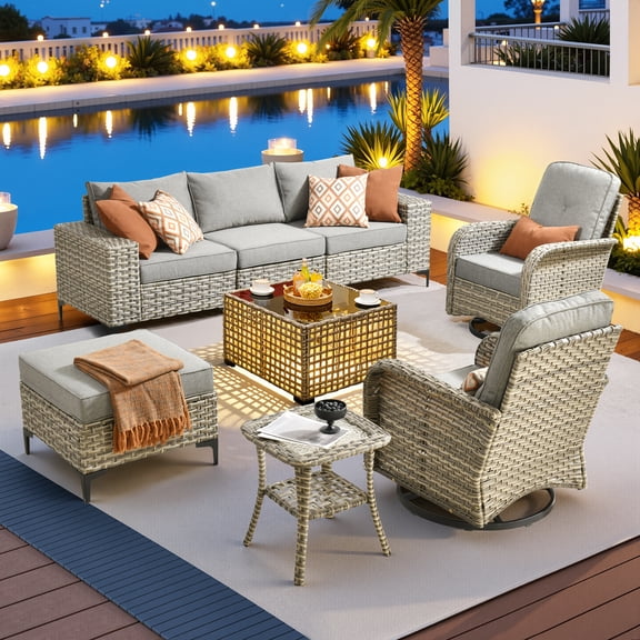 Vcatnet Patio Outdoor Conversation Set 8 Pieces Wicker Furniture Set Sectional Sofa with Swivel Chairs, Dark Gray