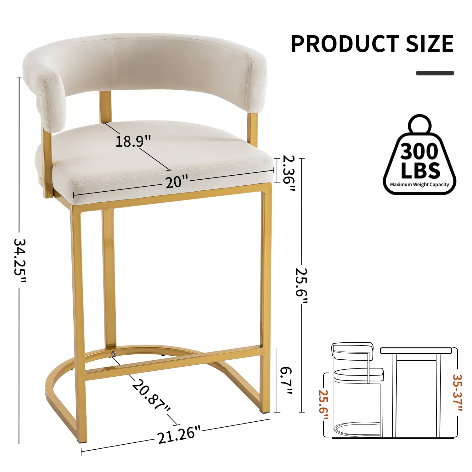Set of 2 Beige Modern Velvet Bar Stools with Barrel Backrest, Upholstered Seat, and Gold Metal Footrest 25.6 inch Seat Height, Ideal for Counters, Home Bars, and Kitchen Islands