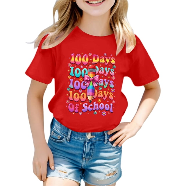 LUOGENLI Chemises pour Filles Taille 6T T-Shirt Graphique à Manches Courtes pour Filles pour la Rentrée Imprimé Mignon Col Rond Haut Décontracté Chemise Confortable Rouge Taille 4-5 Ans
