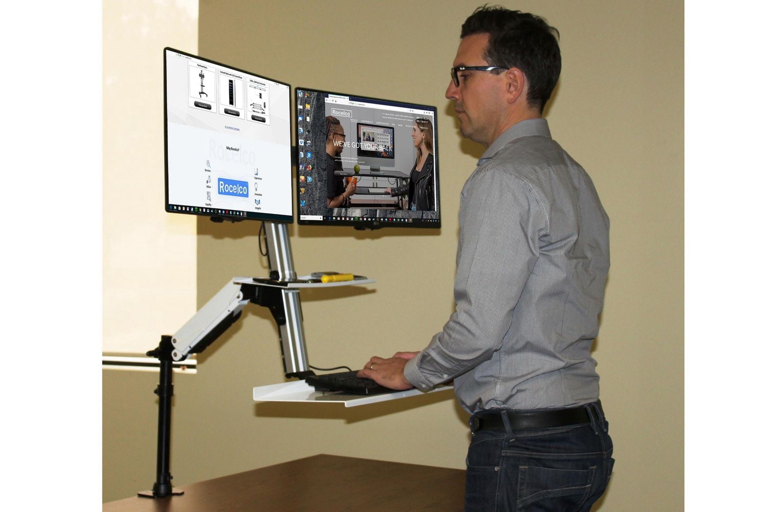Bureau flottant ergonomique Rocelco avec bras double pour écran