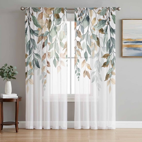 Green Brown Botanical Semi Sheer Window Curtains 72 Inches Long, Farmhouse Eucalyptus Leaves Rod Pocket Voile Silky Chiffon Curtain Light Filtering Drapes for Living Room, Kitchen, 52"x72", 2 Panels