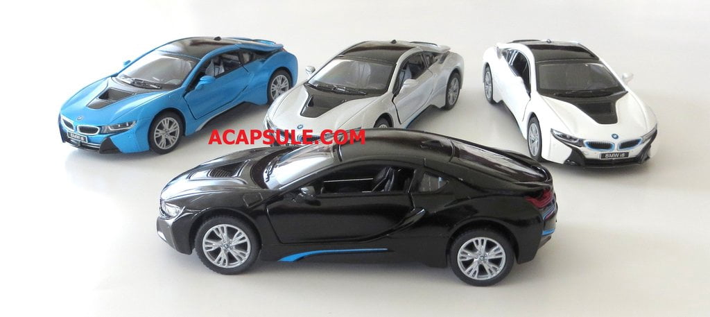 Set of 4 BMW i8 1/36th Scale Diecast Pullback Action Cars