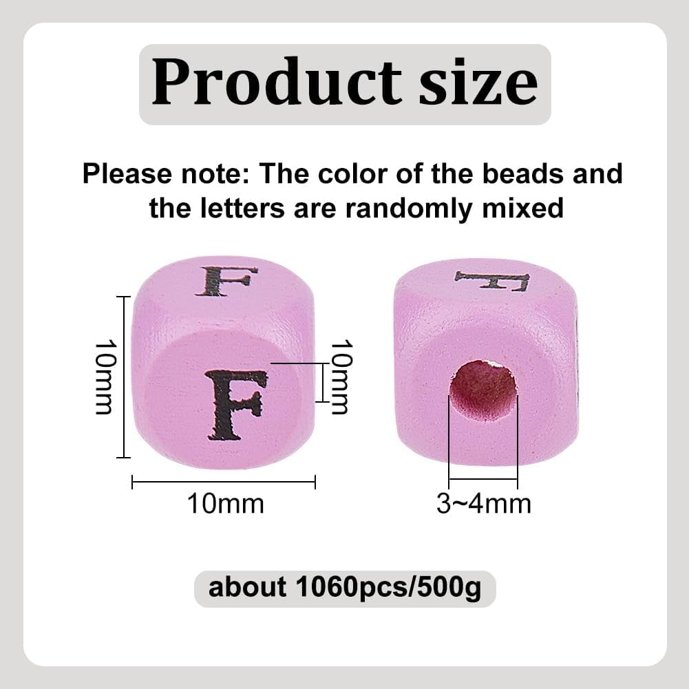 Wood Printed Beads Horizontal Hole Dyed Cube with Initial Letter Mixed Color 10x10x10mm Hole: 3~4mm 1060pcs/500g