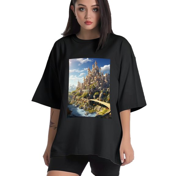 Plus Size Shirt for Women Black Tops for Women Short Sleeves Shirt for Women Castle T Shirt Crewneck Shirt for Women XS
