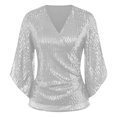 thumbnail image 4 of JGNGSHN Womens Sparkly Sequin Tops Dressy 3/4 Sleeve V Neck Wrap Shimmer Glitter Blouse for Evening Party Club Cocktail White XXXL, 4 of 7