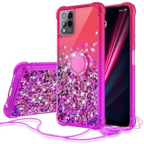 Compatible for T-Mobile REVVL 6 Pro 5G Case Ring Kickstand Liquid Quicksand Glitter Case Clear Bling Diamond Shock Protective Cover for Girls Women - Hot Pink/Purple
