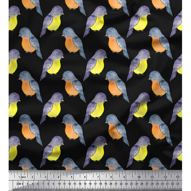 Soimoi Black polyester Crepe Fabric American Robin Bird Print Fabric by Yard 42 Inch Wide