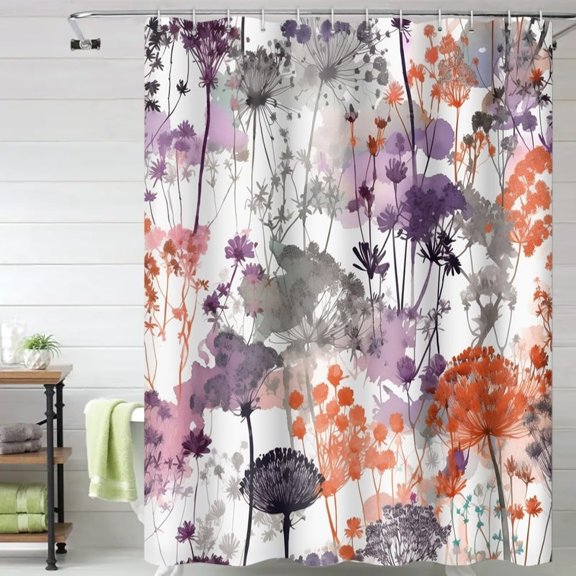 Watercolor Floral Shower Curtain Purple and Grey Flowers Abstract Herbs Botanical Shower Curtains for Bathroom Bathtubs Decor Washable Durable Polyester Fabric 72x84 Inch with Hooks
