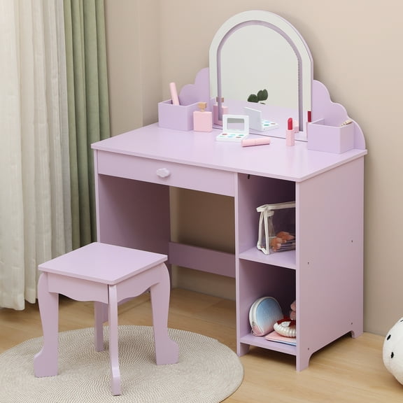 Huloretions Vanity Table and Chair Set with Lighted Mirror,Vanity with Stool,Storage Shelves,Vanity Set with Mirror and Lights