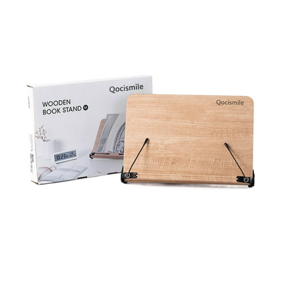 Qocismile Book stands, Bamboo Book Stand, Adjustable Book Holder Tray and Page Paper Clips-Cookbook Reading Desk Portable Stable Hard-Wearing Lightweight Bookstand-Textbooks Books