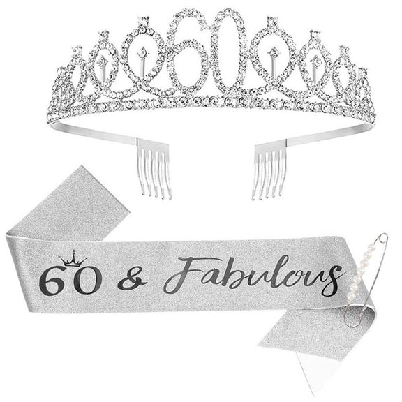 vlrwzc 60th Birthday Tiara and Sash 60 Fabulous Champagne Glitter Satin Sash and Crystal Tiara Princess Birthday Crown for Women 60th Birthday Party Decoration
