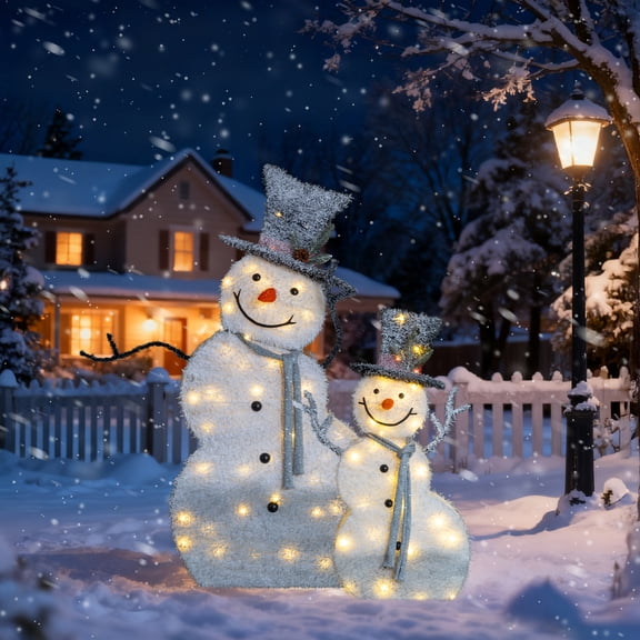 47in Lighted Snowman Set with 80 LED Lights, 2D Tinsel Christmas Yard Decor, Set of 2