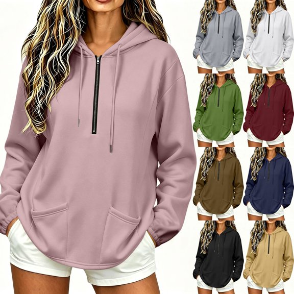 Women's Half Zip Hooded Sweatshirt Long Sleeve Loose Casual Pullover Hoodie with Pockets Solid Color Tops for Autumn Winter Wear White