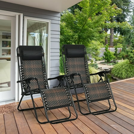 Gymax Folding Set of 2 Rattan Patio Zero Gravity Lounge Chair Recliner w/ Headrest