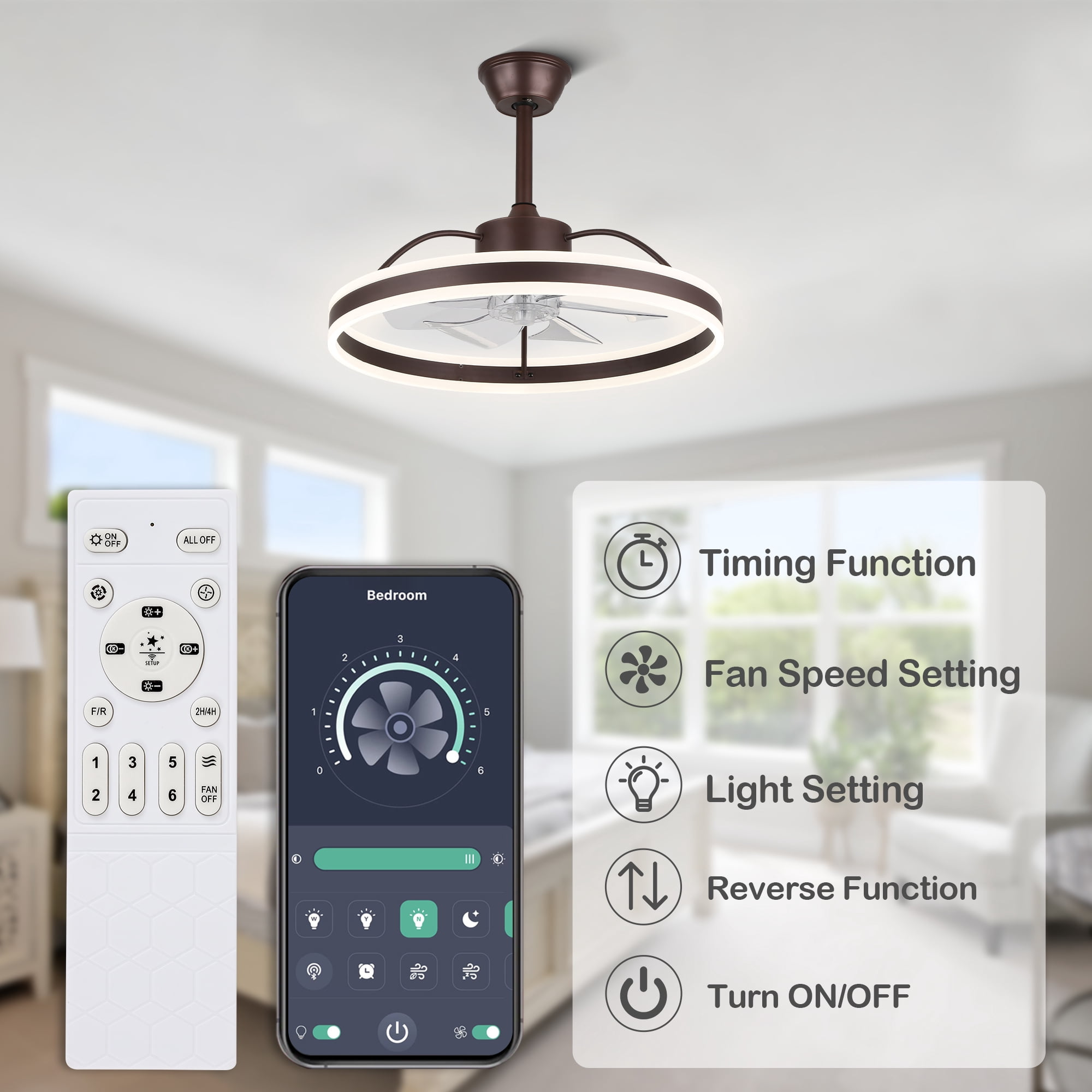 24" Modern Reversible Ceiling Fan with Dimmable Light, 6-Speed Ceiling Fan with Remote and APP Control