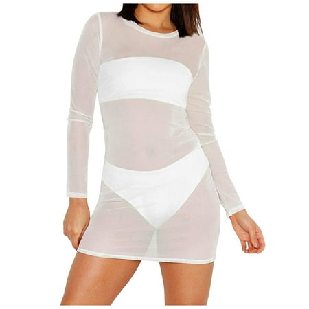 Midwennn Womens Sexy Sheer Mesh Dress Long Sleeve Cover Ups See Through Club Wears Sexy Lingerie Robe Long