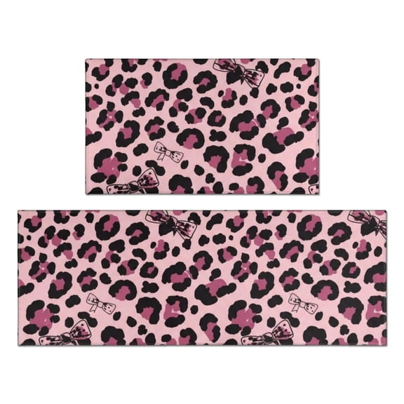 Pink and Black Leopard Print Anti Fatigue Kitchen Rugs Set Of 2, Non Slip Washable Decorative Floor Mats for Kitchen Sink Laundry, 17"x30" and 17"x47"