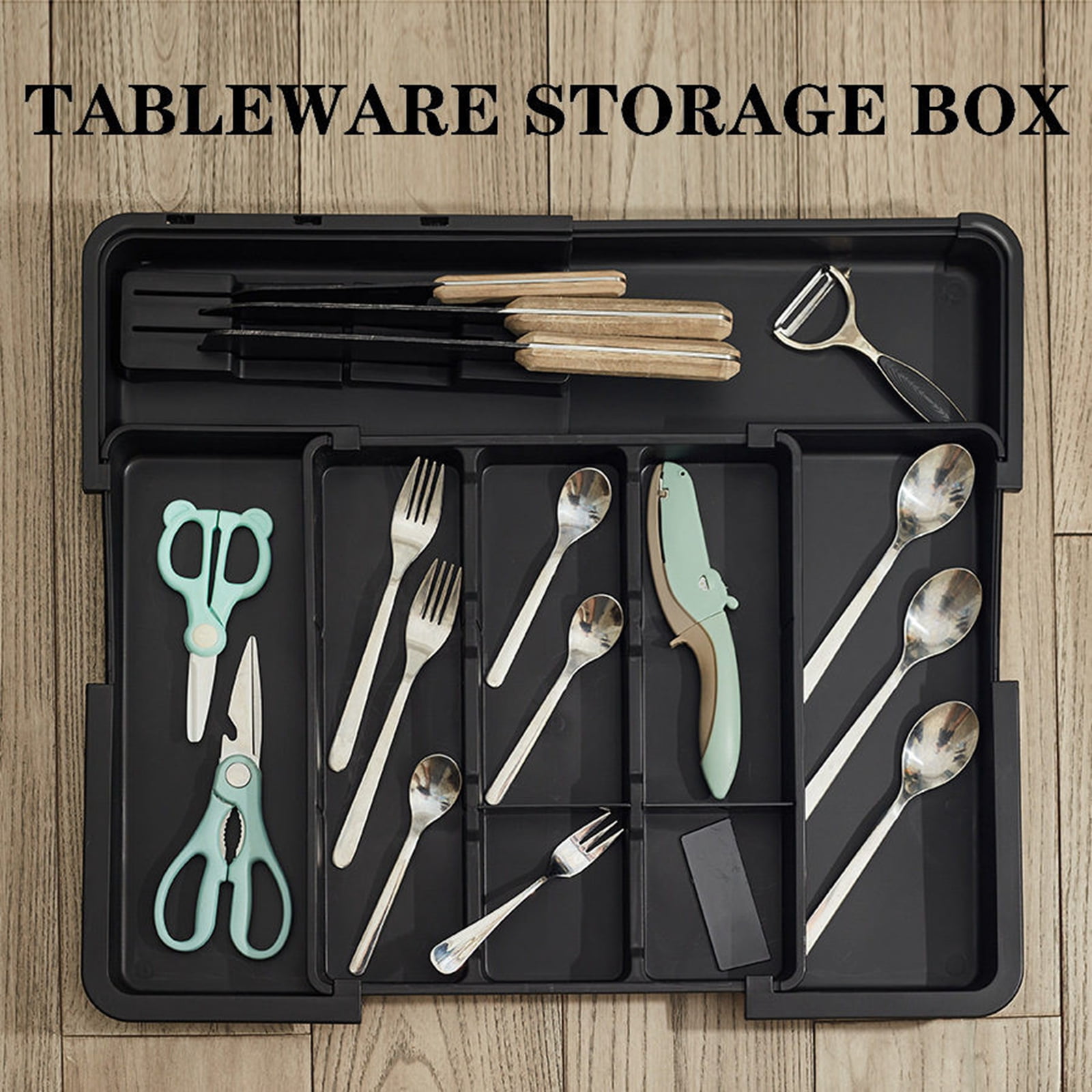 Djiypn Large Silverware Organizer, Expandable Utensils Drawer Organizer for Kitchen Drawers, Kitchen Drawer Organizer for Spoons/Forks/Knives, Multipurpose & BPA Free Cutlery Tray, Black, 1 Pack